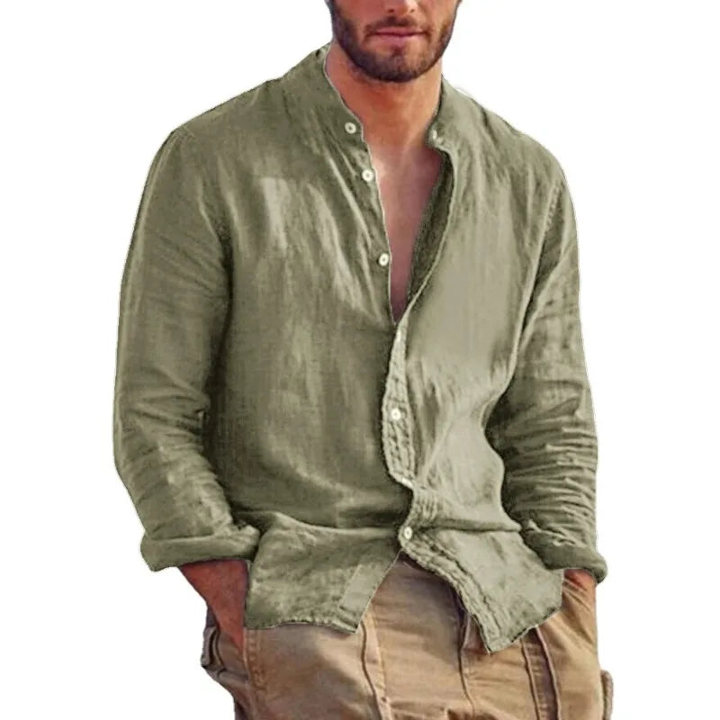 Men's Linen Solid Colour Long Sleeve Hawaiian Shirt