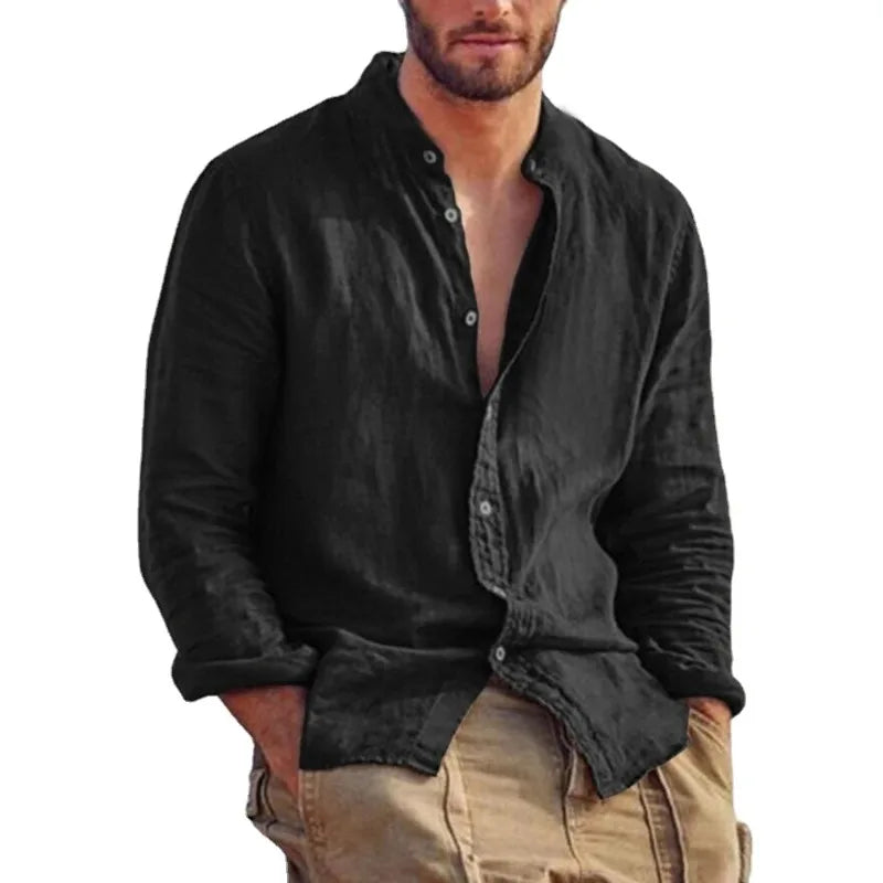 Men's Linen Solid Colour Long Sleeve Hawaiian Shirt