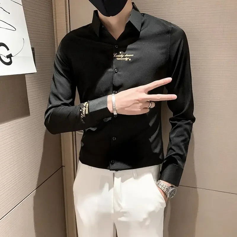 Men's Slim Fit Embroidered Long Sleeve White Shirt