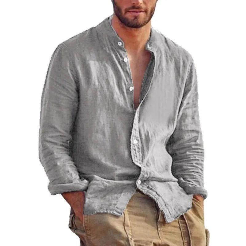 Men's Linen Solid Colour Long Sleeve Hawaiian Shirt