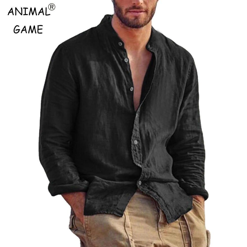 Men's Linen Solid Colour Long Sleeve Hawaiian Shirt