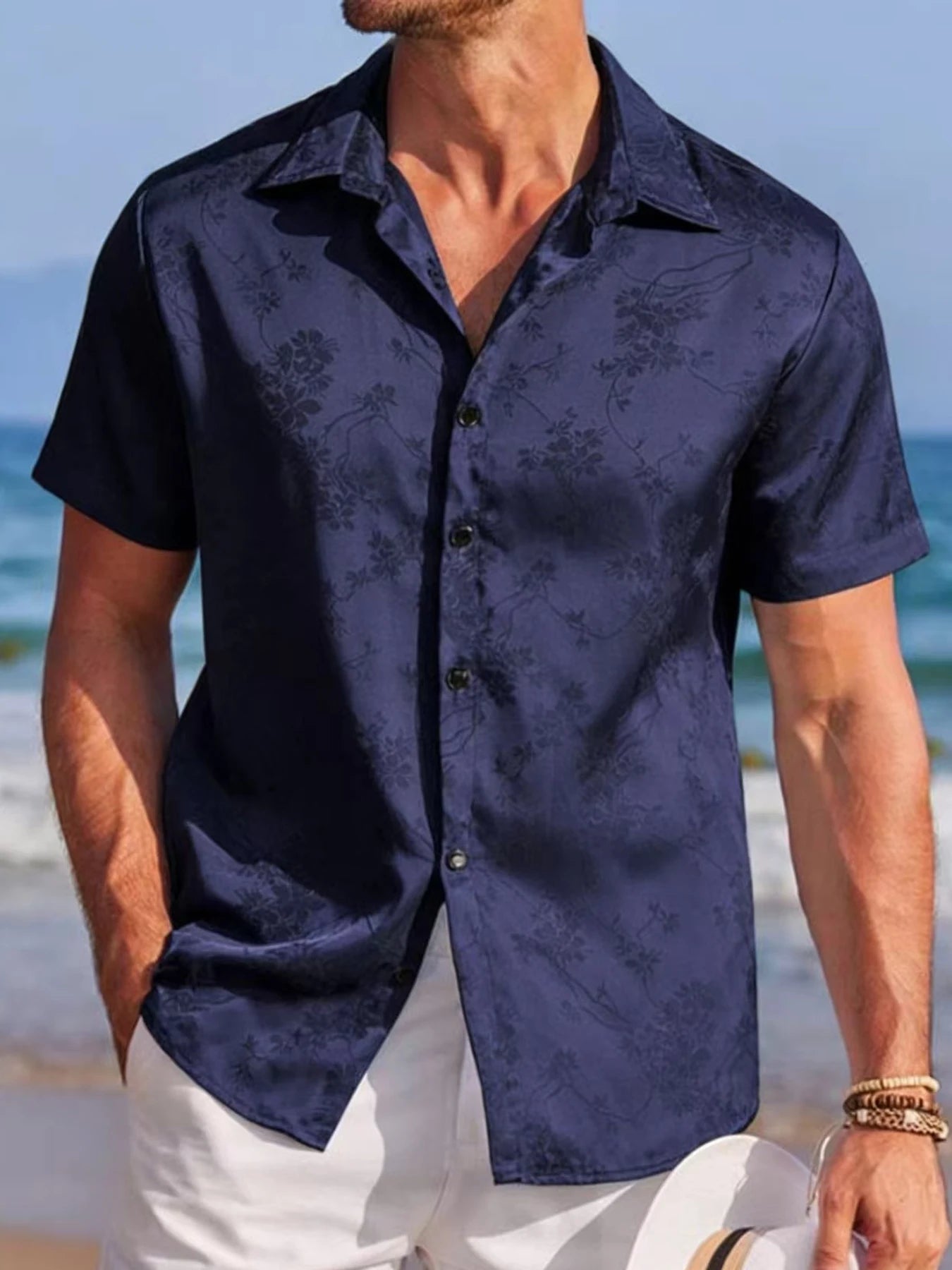 Men's Embroidered Short Sleeve Beach Shirt