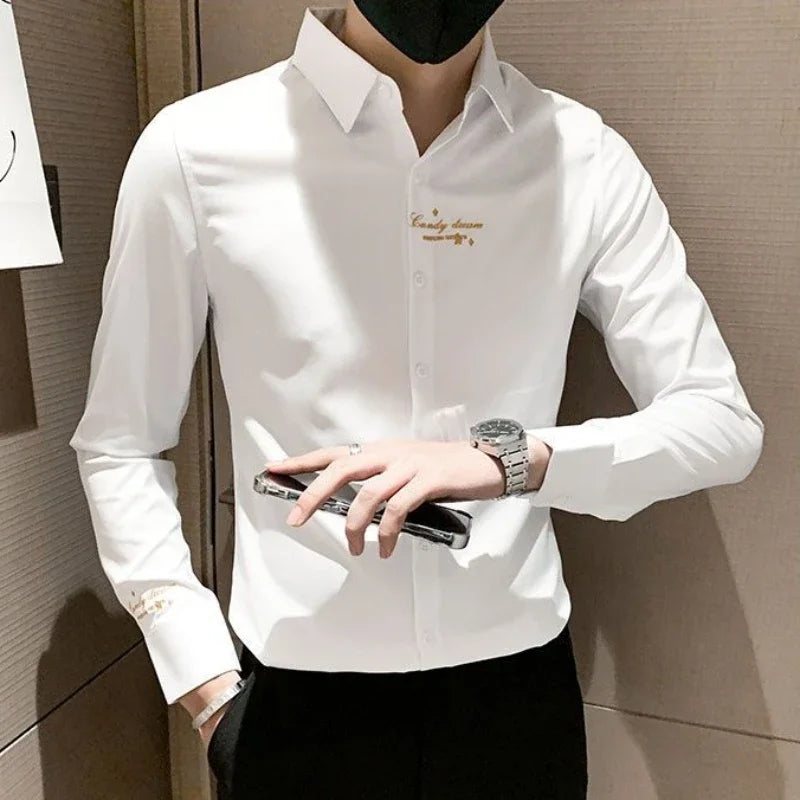 Men's Slim Fit Embroidered Long Sleeve White Shirt