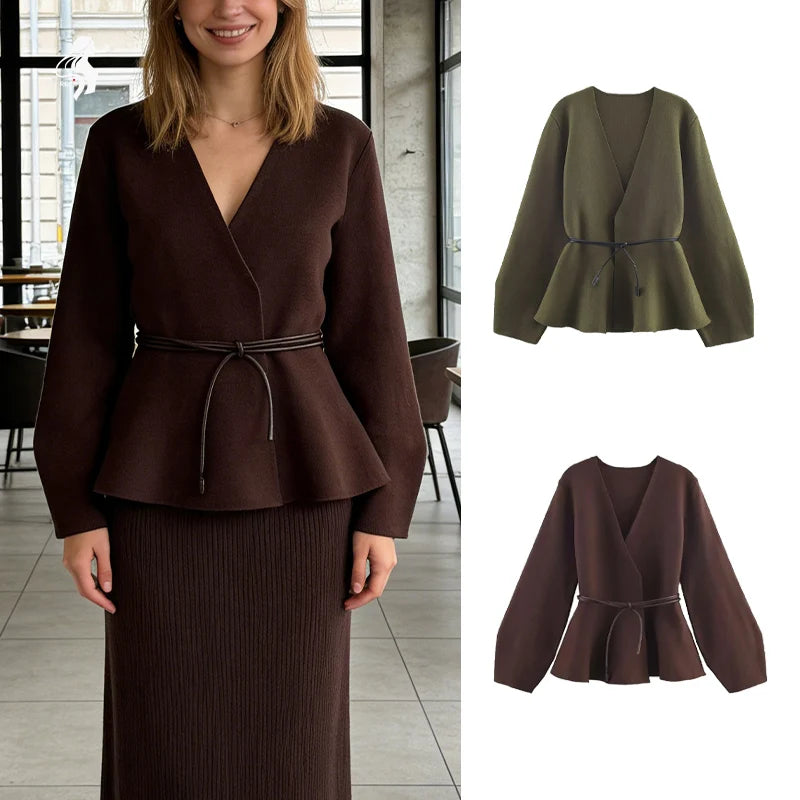 Women's V-Neck Tie Waist Knit Cardigan
