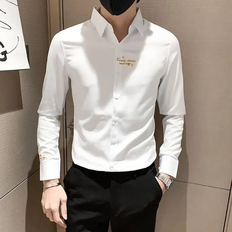 Men's Slim Fit Embroidered Long Sleeve White Shirt